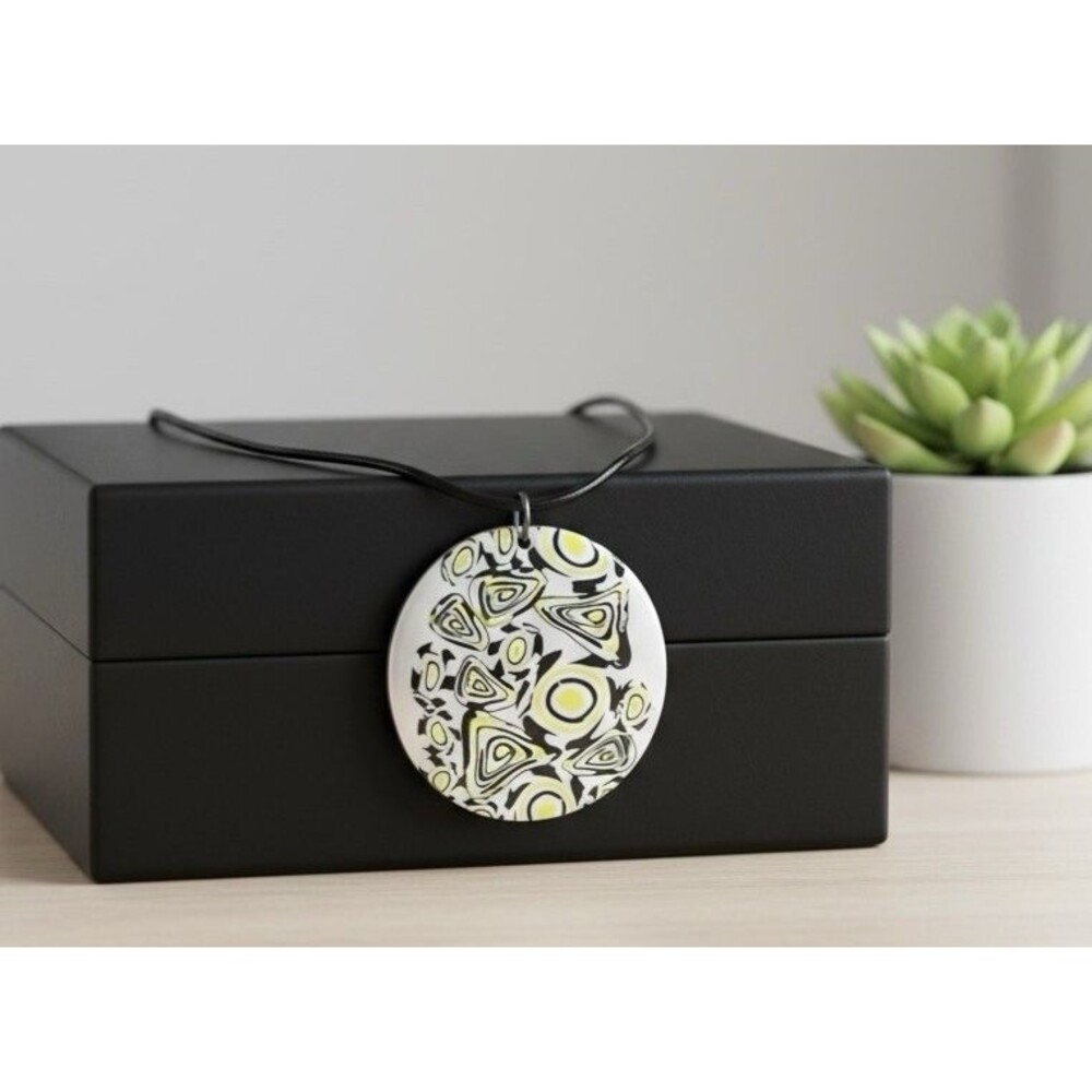 Yellow Black White Graphic Print Handmade Polymer Clay LG Pendant Necklace Cord
